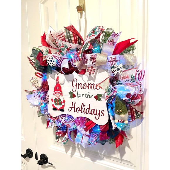 Handmade Christmas Gnome for the Holidays Ribbon Door Wreath 22 ins LED W36 - Picture 2 of 12